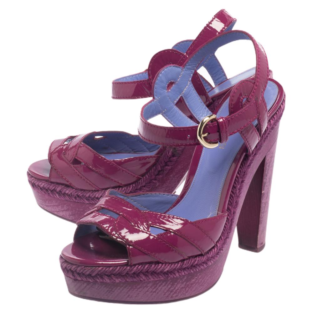 Sergio Rossi Purple Patent Leather Wooden Platform And Heel Ankle Strap Sandals Size 36