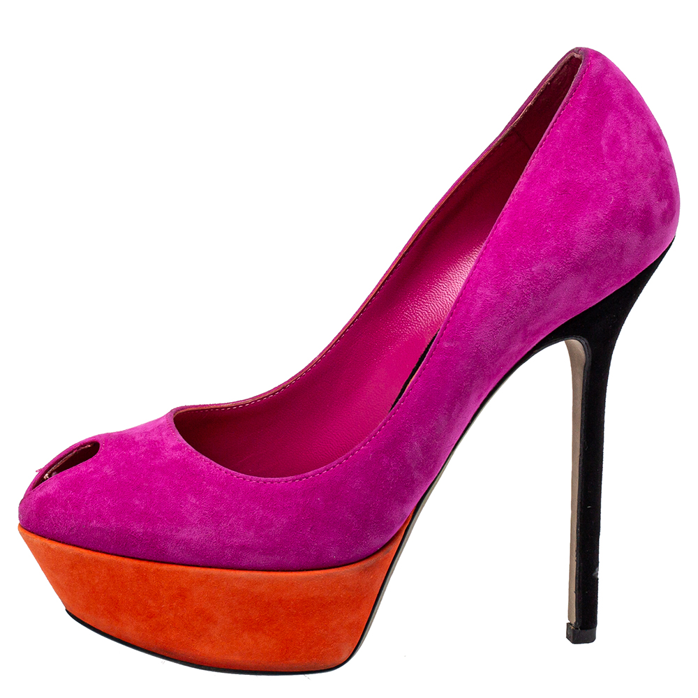 Sergio Rossi Purple/Orange Suede Peep Toe Pumps Size 37.5