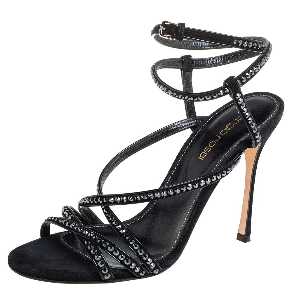 Sergio Rossi Black Patent Leather Embellished Sandals Size 36