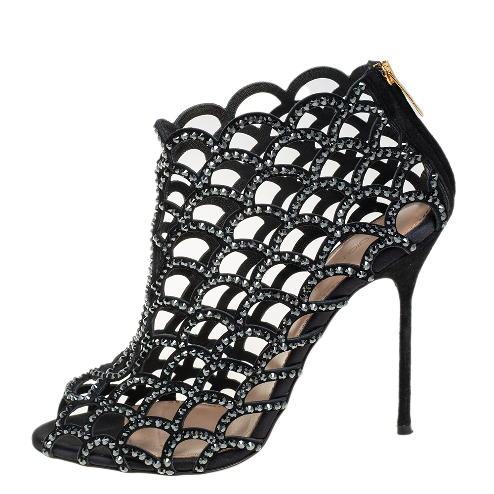 Sergio Rossi Black Suede Crystal Embellished Scalloped Peep Toe Caged Booties Size 38.5