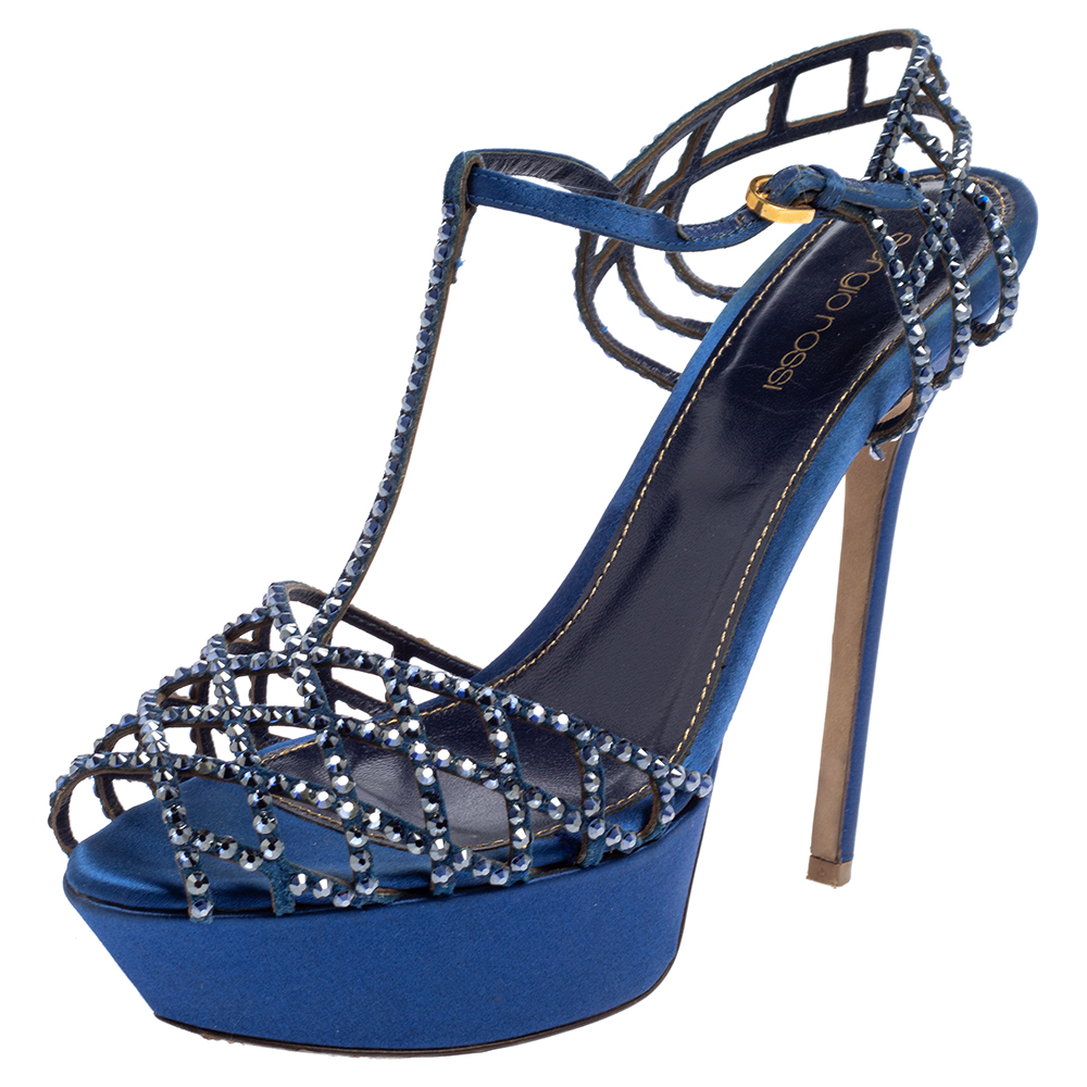 Sergio Rossi Blue Crystal Embellished Satin And Suede Ankle Strap Sandals Size 38.5