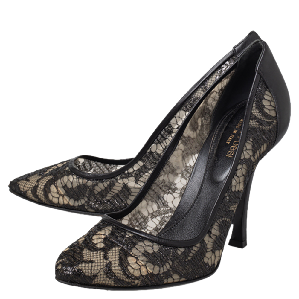 Sergio Rossi Black Lace And Leather Pumps Size 39