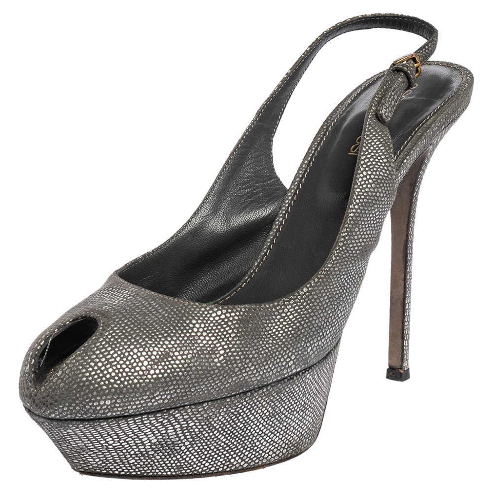 Sergio Rossi Grey/Silver Suede Cachet Peep Toe Platform Slingback Sandals Size 37.5
