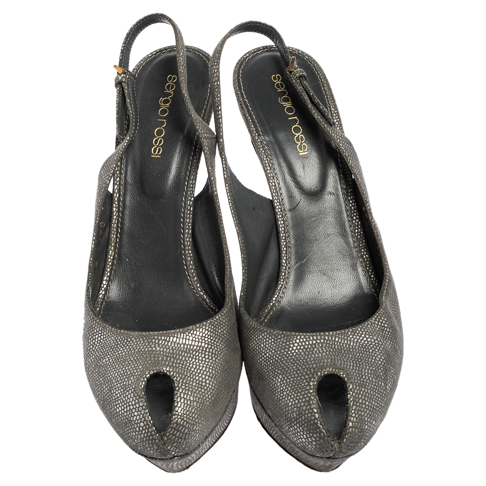 Sergio Rossi Grey/Silver Suede Cachet Peep Toe Platform Slingback Sandals Size 37.5