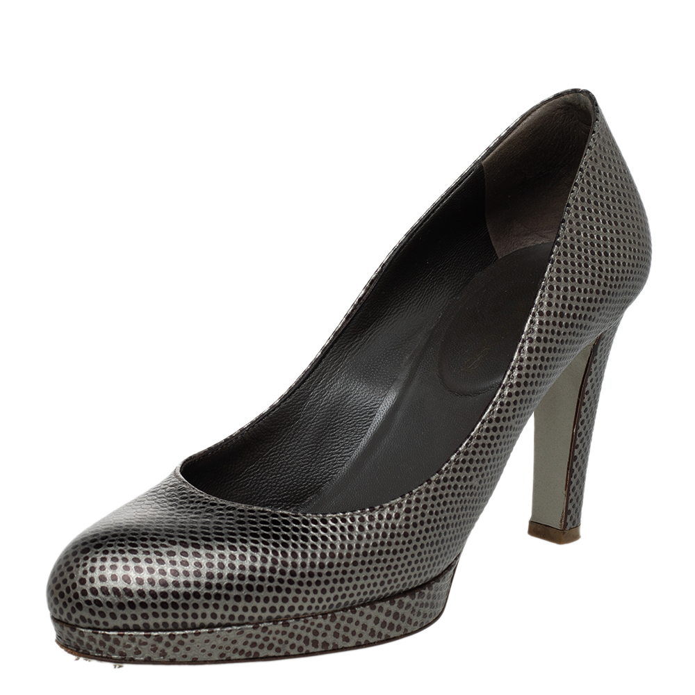 Sergio Rossi Metallic Grey Embossed Leather Pumps Size 36