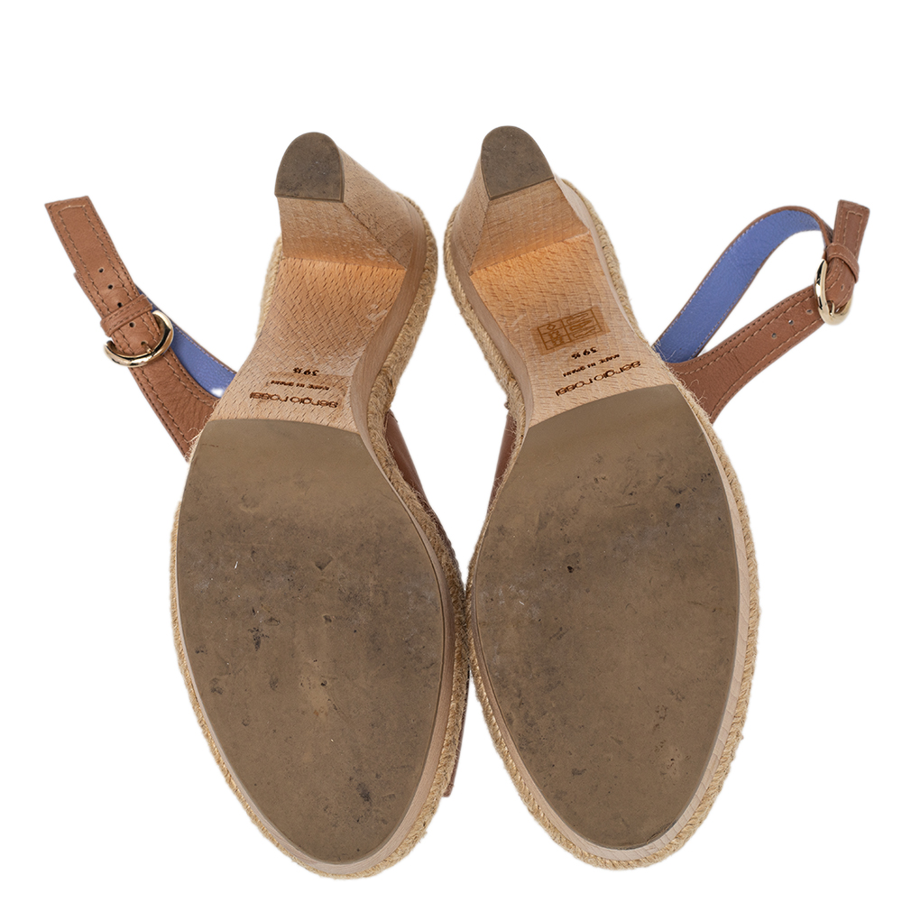 Sergio Rossi Brown Leather Platform Espadrille Slingback Sandals Size 39.5