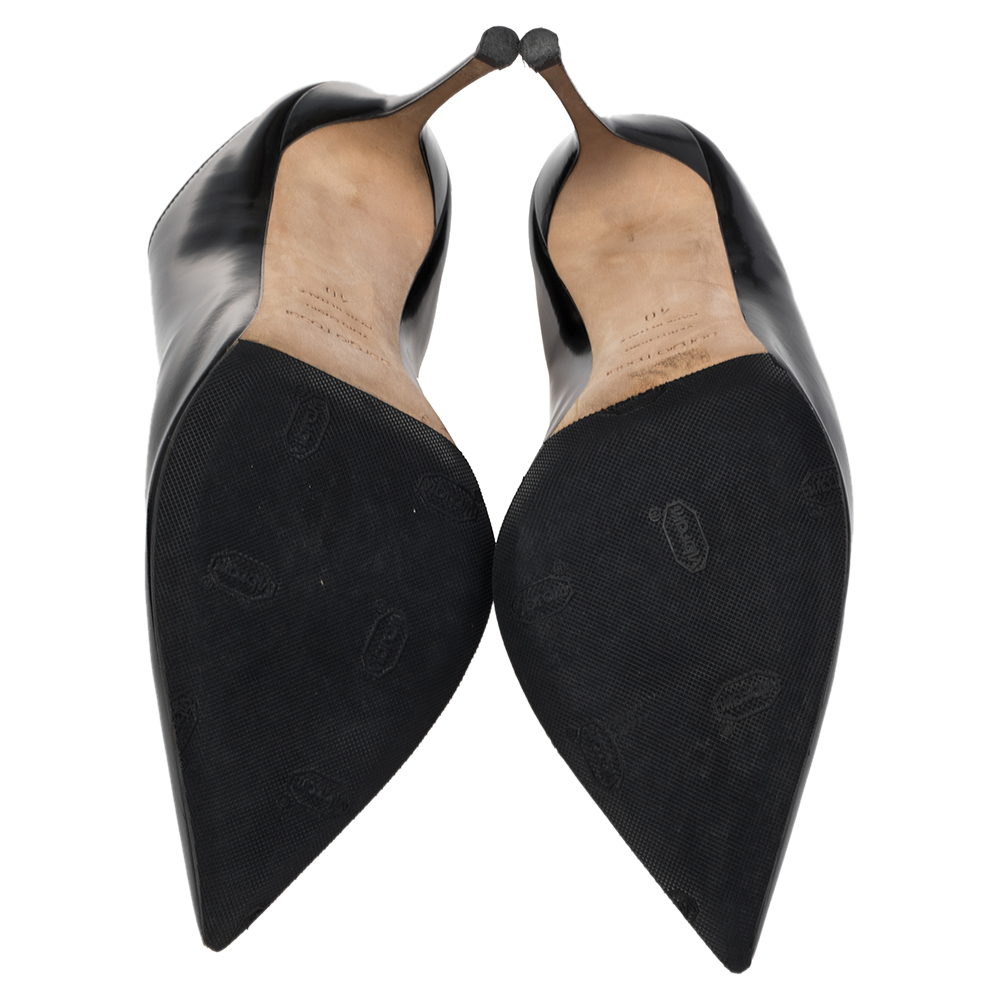 Sergio Rossi Black Glazed Leather Pointed Toe Mules Size 40