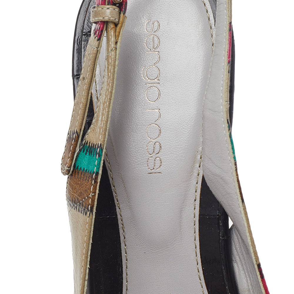 Sergio Rossi Multicolor Stitch Leather Platform Slingback Wedge Sandals Size 39