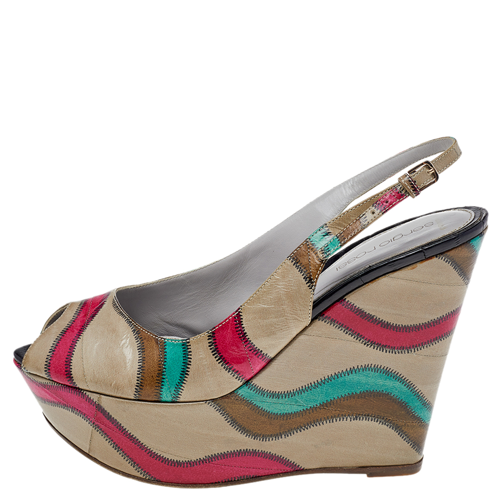 Sergio Rossi Multicolor Stitch Leather Platform Slingback Wedge Sandals Size 39