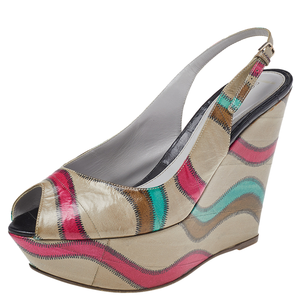 Sergio Rossi Multicolor Stitch Leather Platform Slingback Wedge Sandals Size 39