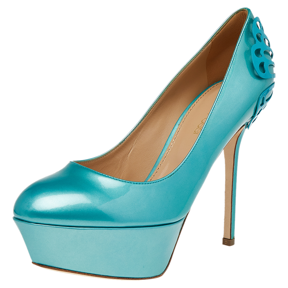 Sergio Rossi Green Patent Leather Butterfly Plaque Platform Pumps Size 36