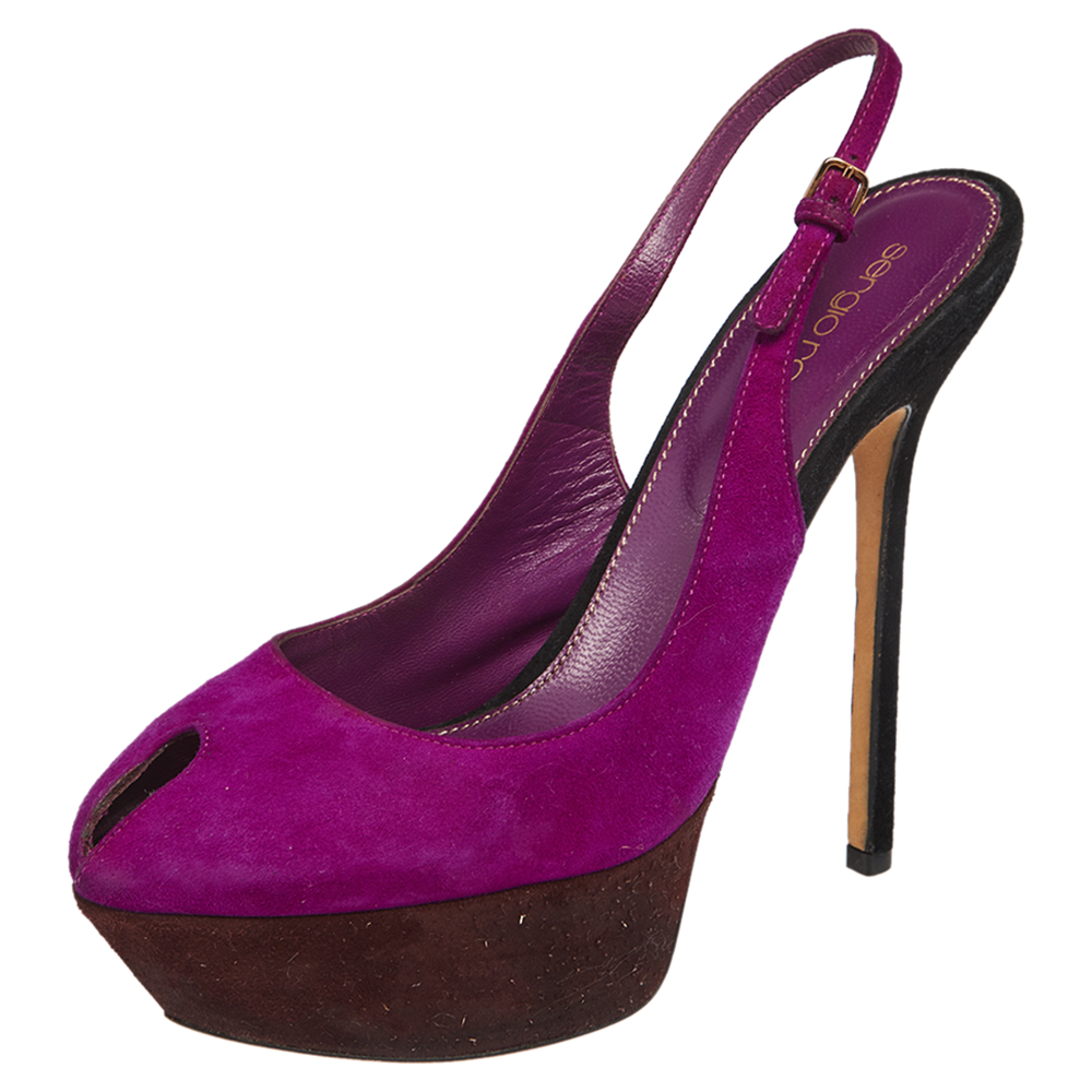 

Sergio Rossi Purple Suede Cachet Peep Toe Platform Slingback Sandals Size