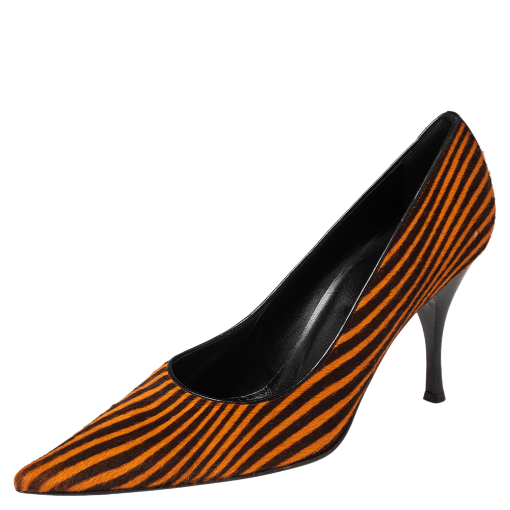 Sergio rossi orange/brown stripes print pony hair pointed toe pumps size 41