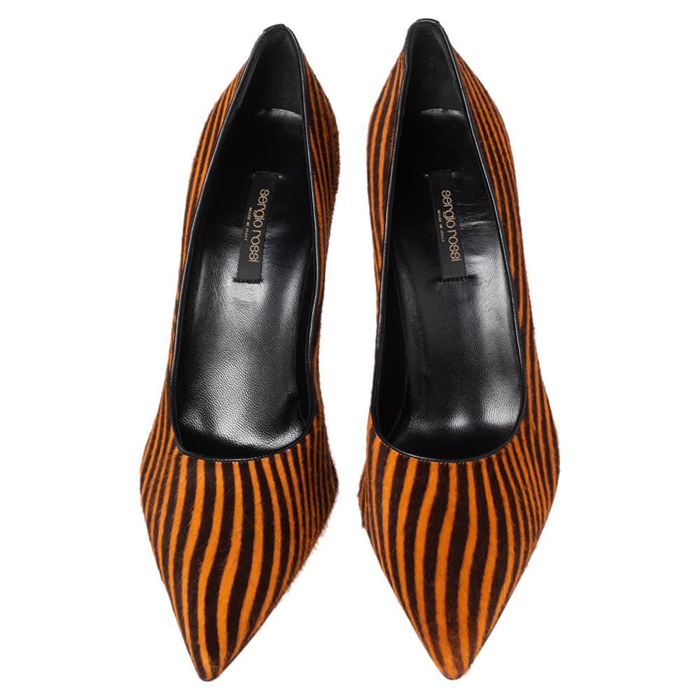 Sergio Rossi Orange/Brown Stripes Print Pony Hair Pointed Toe Pumps Size 41