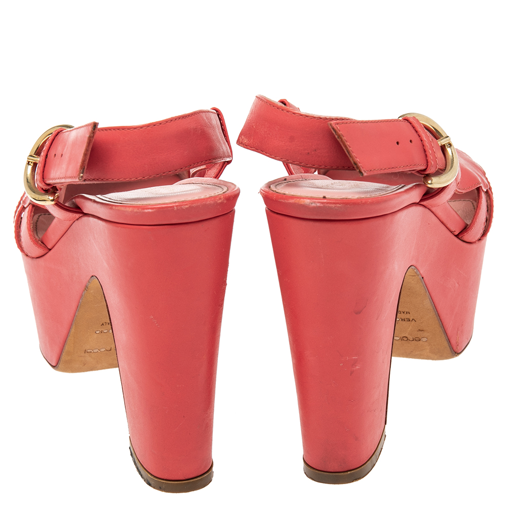 Sergio Rossi Red Leather Platform Block Heel Slingback Sandals Size 36