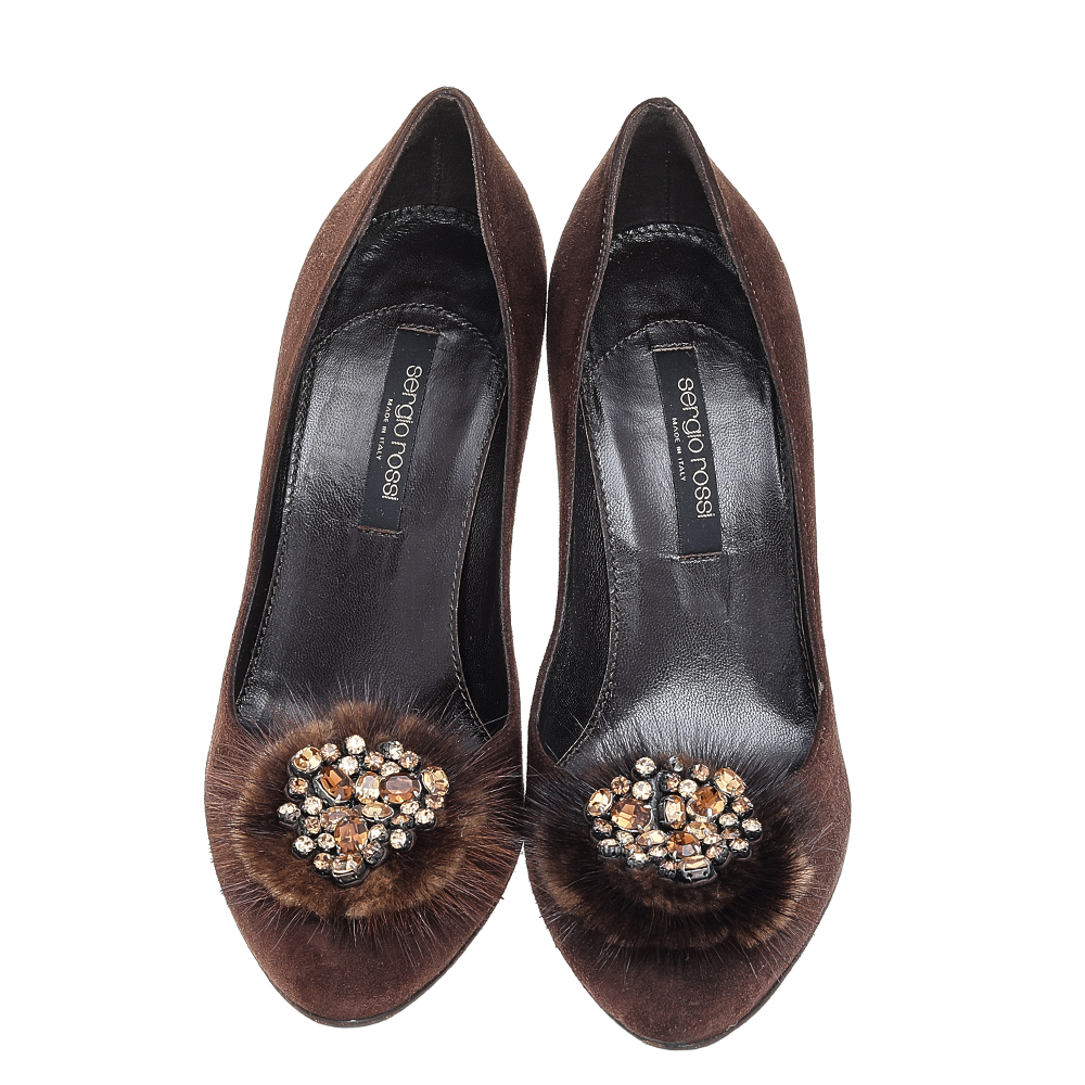 Sergio Rossi Brown Suede Embellished Pumps Size 36.5