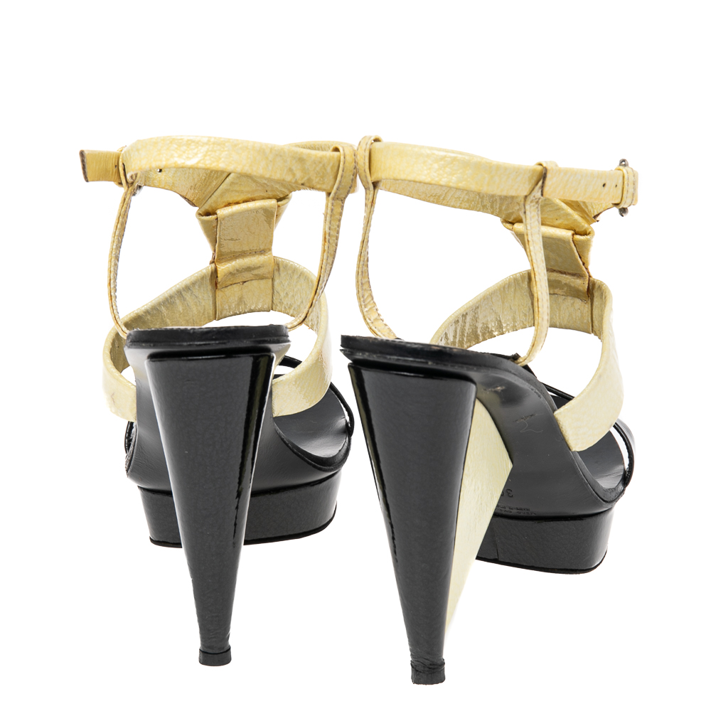 Sergio Rossi Cream/Black Patent Leather Platform Ankle Strap Sandals Size 39