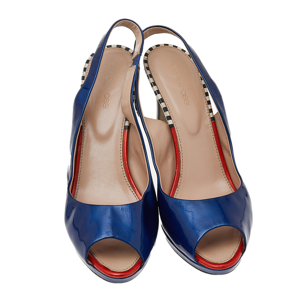 Sergio Rossi Blue Patent Leather Peep Toe Slingback Sandals Size 40