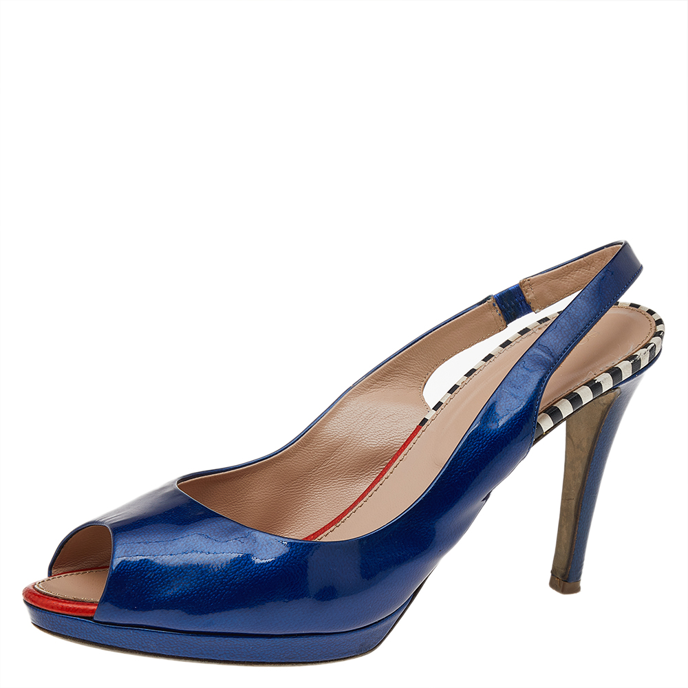 Sergio Rossi Blue Patent Leather Peep Toe Slingback Sandals Size 40