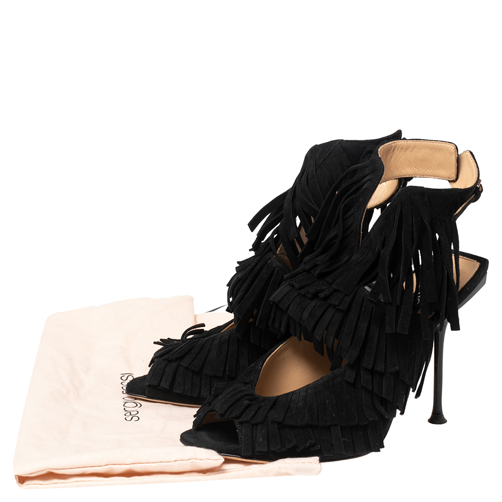 Sergio Rossi Black Suede Cut Out Fringe Sandals Size 38
