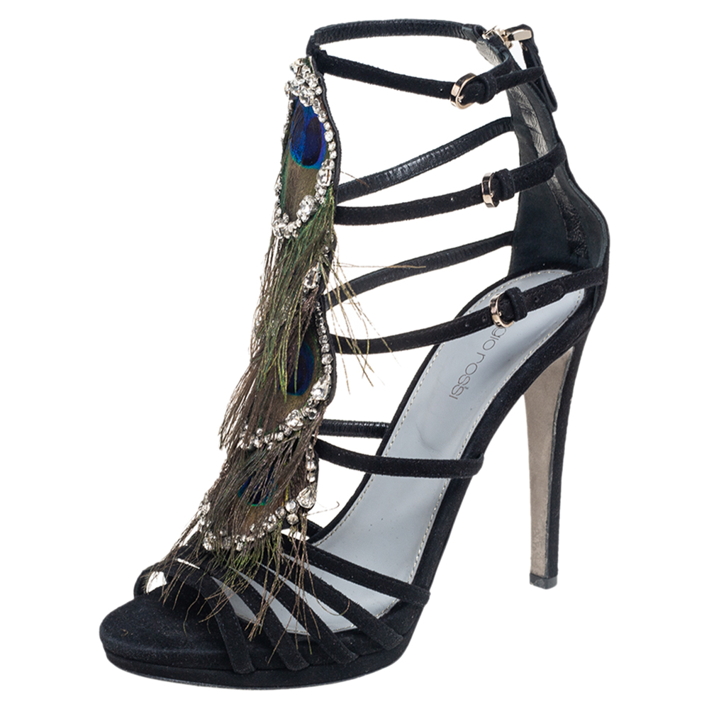 Sergio rossi black suede crystal and peacock embellished platform sandals size 38