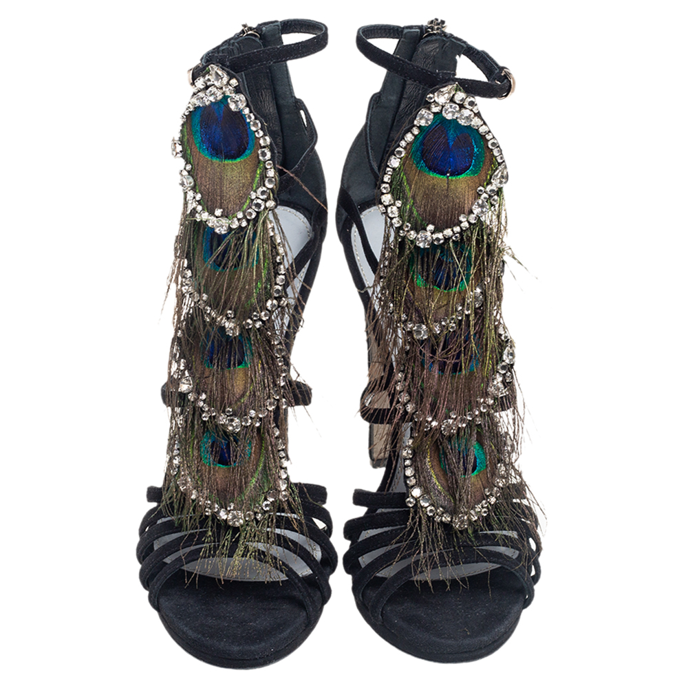 Sergio Rossi Black Suede Crystal And Peacock Embellished Platform Sandals Size 38