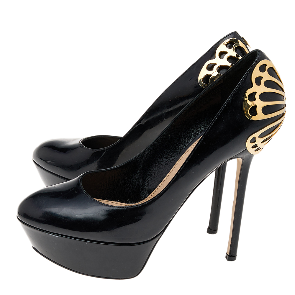 Sergio Rossi Black Patent Leather Butterfly Plaque Platform Pumps Size 38.5