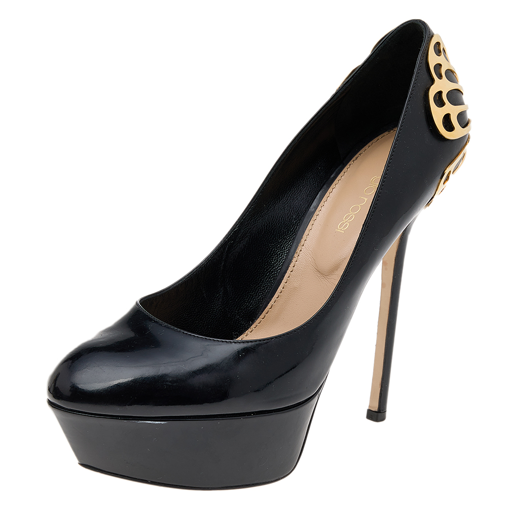 Sergio rossi black patent leather butterfly plaque platform pumps size 38.5