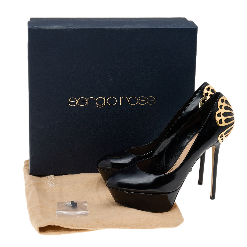 Sergio Rossi Black Patent Leather Butterfly Plaque Platform Pumps Size 38.5