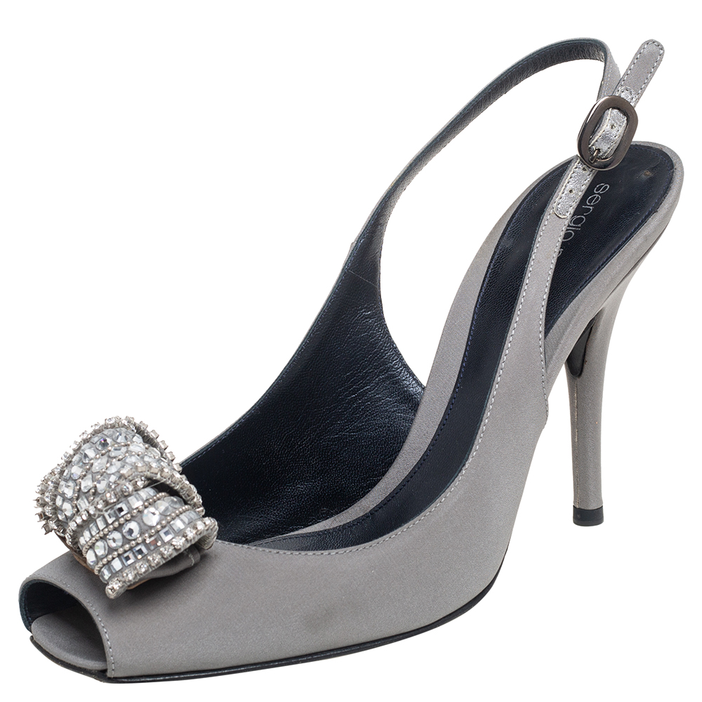 Sergio rossi grey satin crystal embellished knot peep toe slingback sandals size 39.5