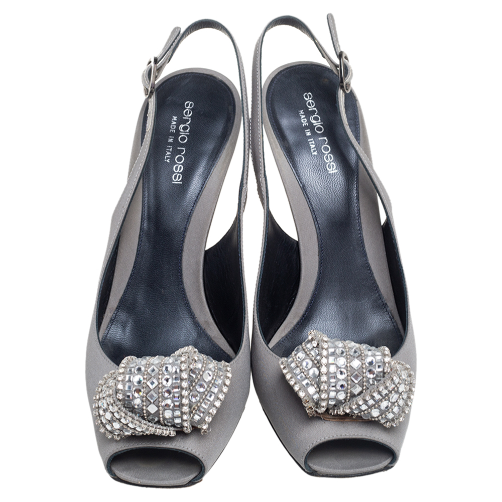 Sergio Rossi Grey Satin Crystal Embellished Knot Peep Toe Slingback Sandals Size 39.5