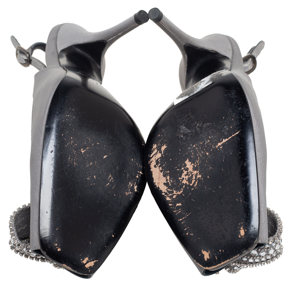 Sergio Rossi Grey Satin Crystal Embellished Knot Peep Toe Slingback Sandals Size 39.5