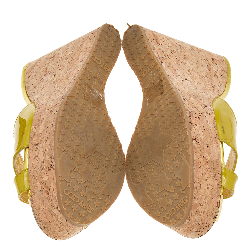 Jimmy Choo Mustard Yellow Patent Leather Pandora Cork Wedge Platform Sandals Size 38