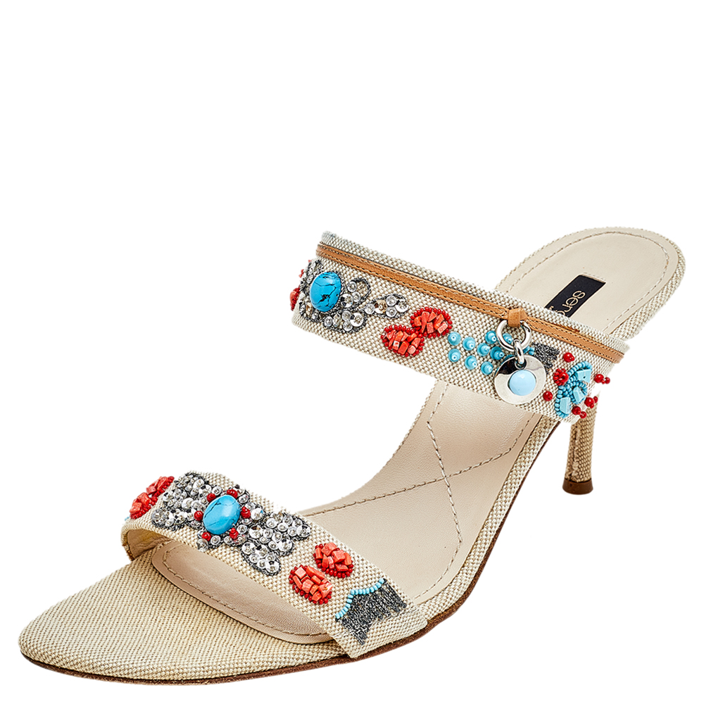Sergio Rossi Beige Canvas Embellished Slide Sandals Size 39.5
