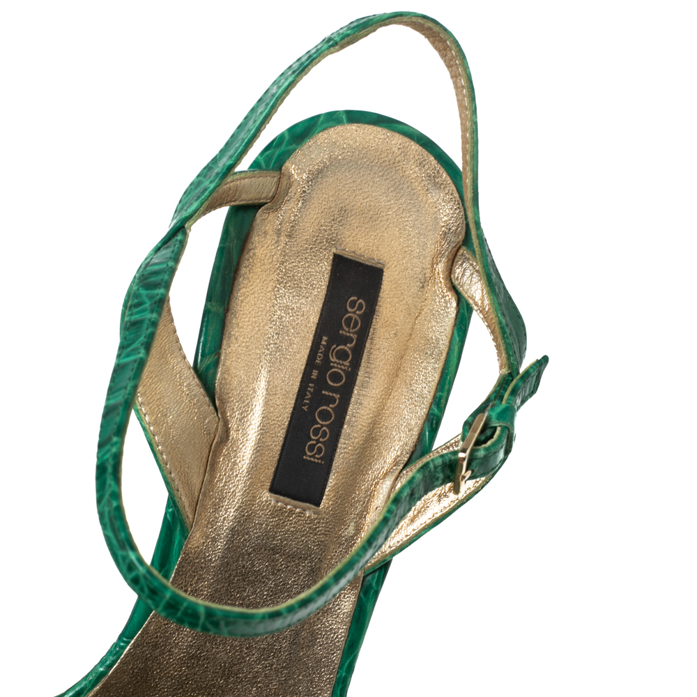 Sergio Rossi Green Croc Embossed Leather Ankle-Strap Sandals Size 41