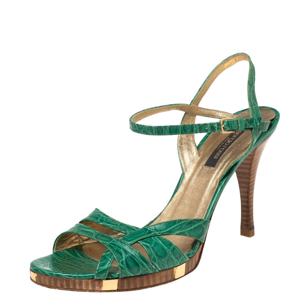 Sergio rossi green croc embossed leather ankle-strap sandals size 41