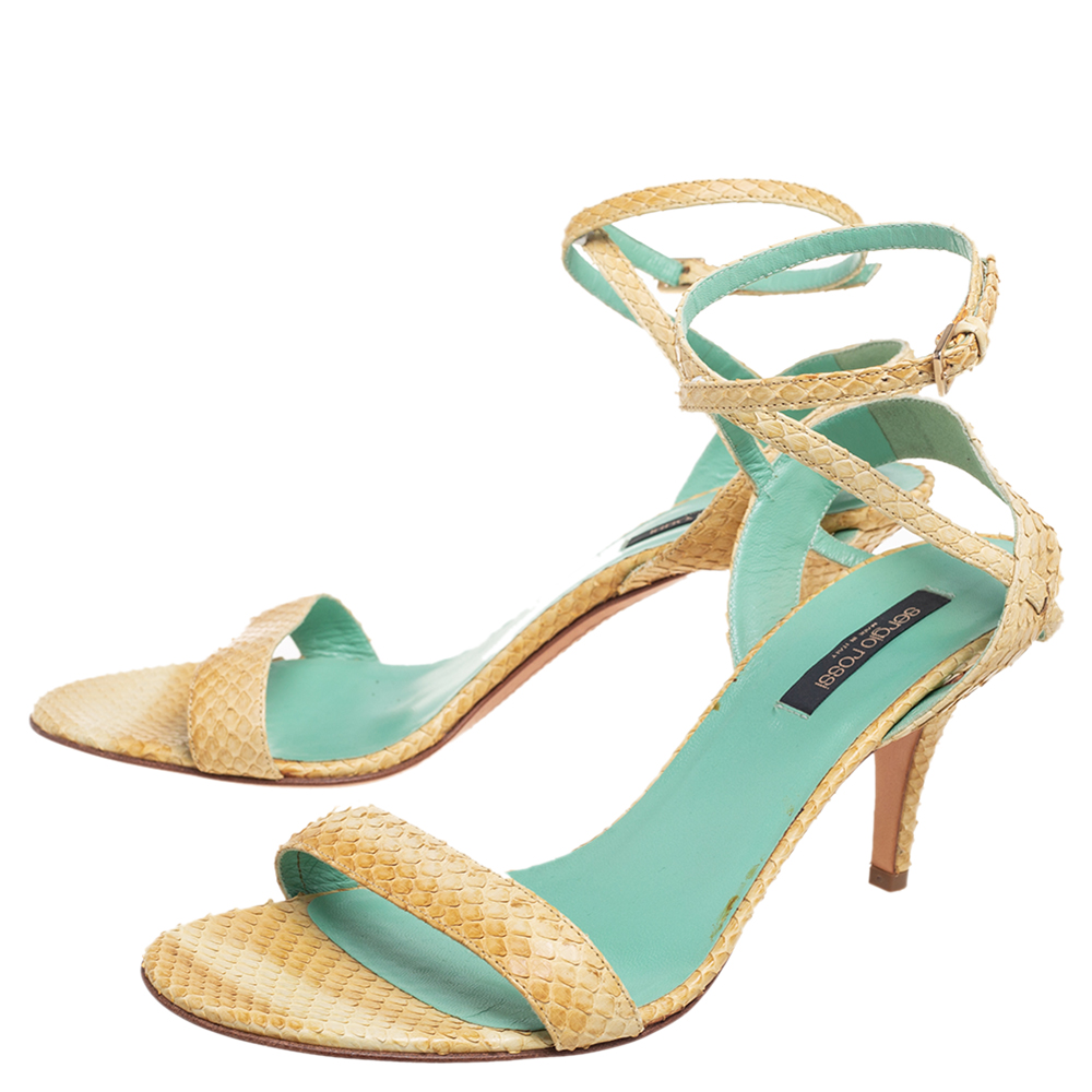 Sergio Rossi Yellow Python Leather Ankle Strap Sandals Size 41
