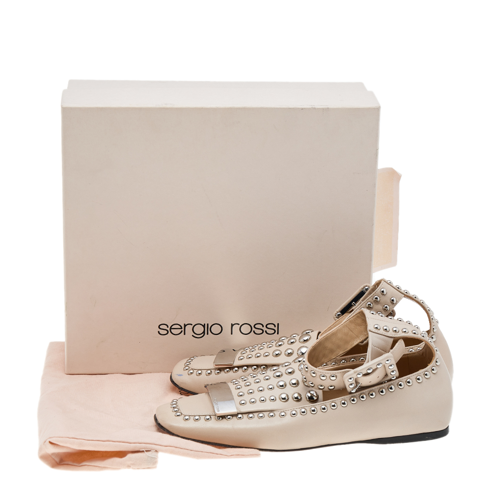 Sergio Rossi Beige Leather Studded Buckle Ankle Cuff Flats Size 39