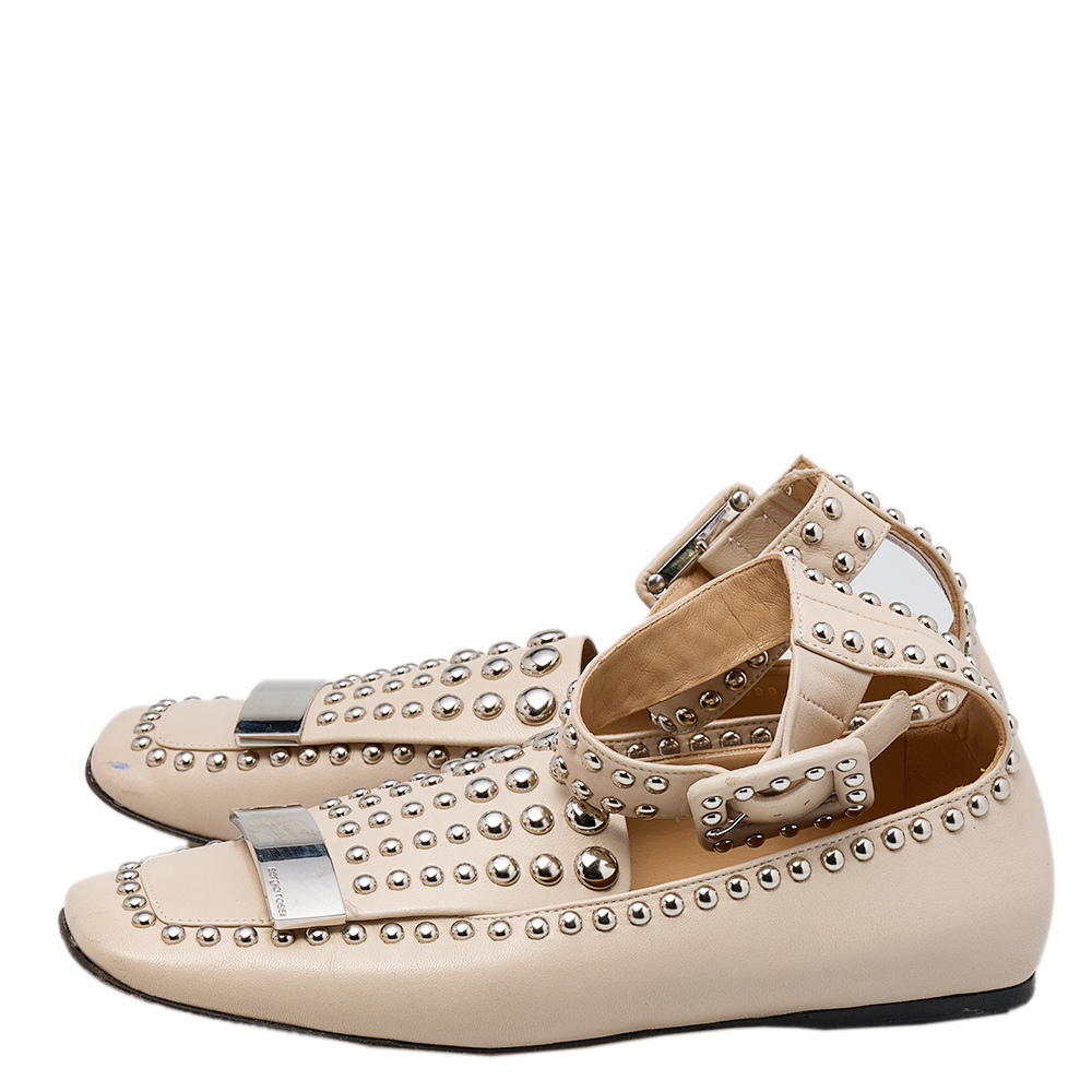 Sergio Rossi Beige Leather Studded Buckle Ankle Cuff Flats Size 39