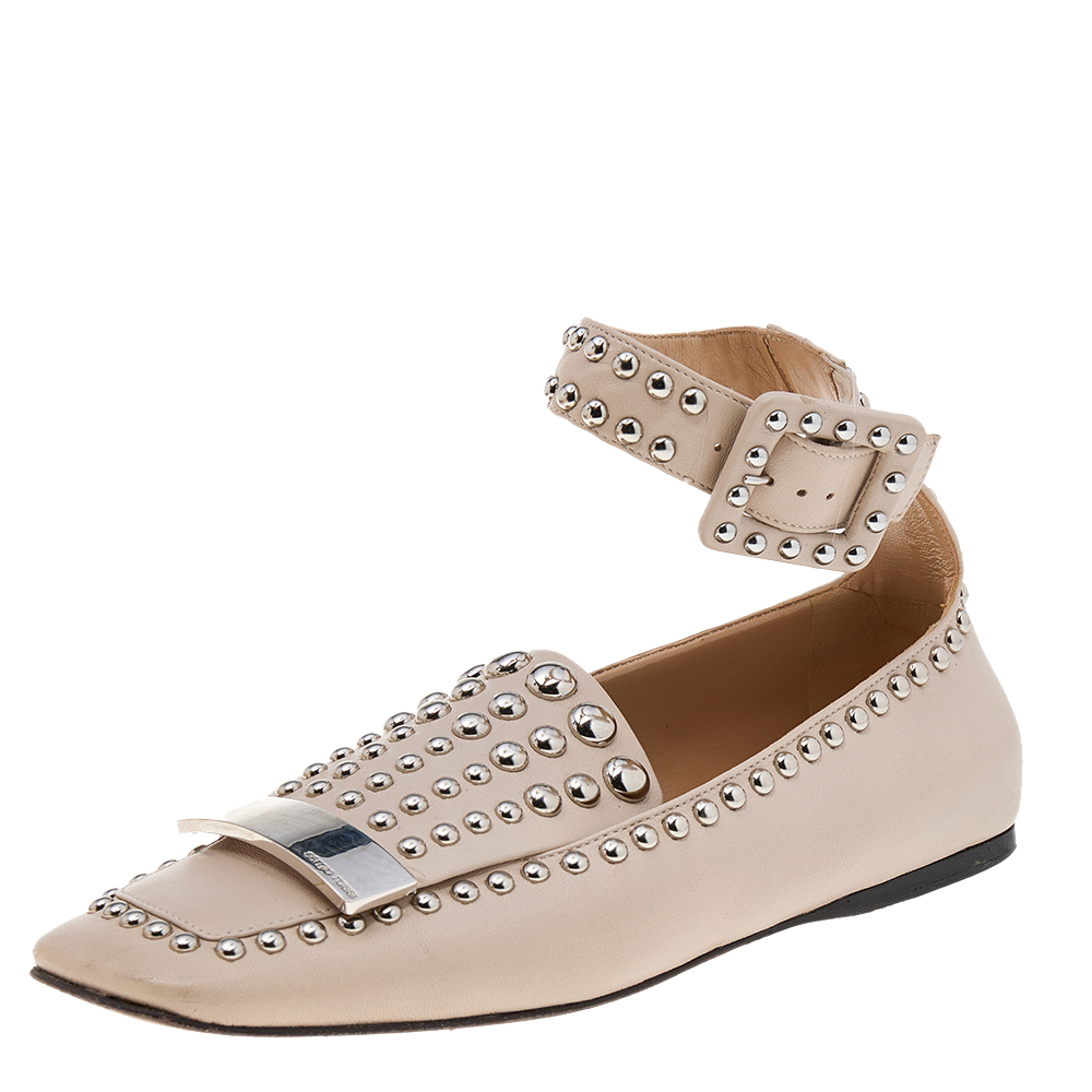 Sergio rossi beige leather studded buckle ankle cuff flats size 39