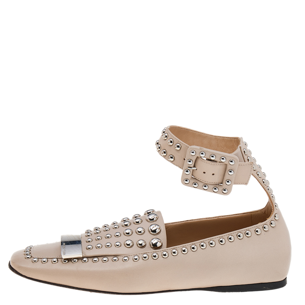 Sergio Rossi Beige Leather Studded Buckle Ankle Cuff Flats Size 39