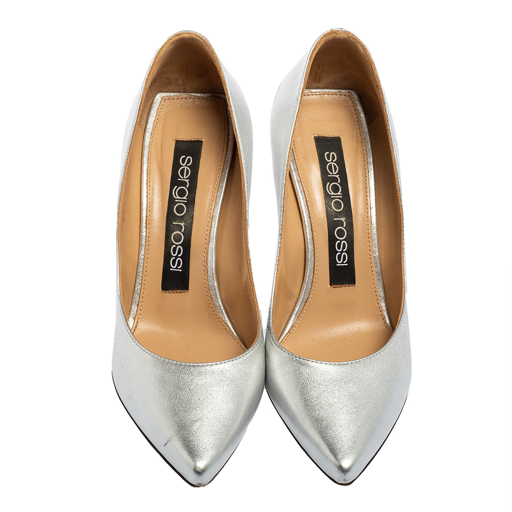 Sergio Rossi Silver Leather Pointed-Toe Pumps Size 36.5