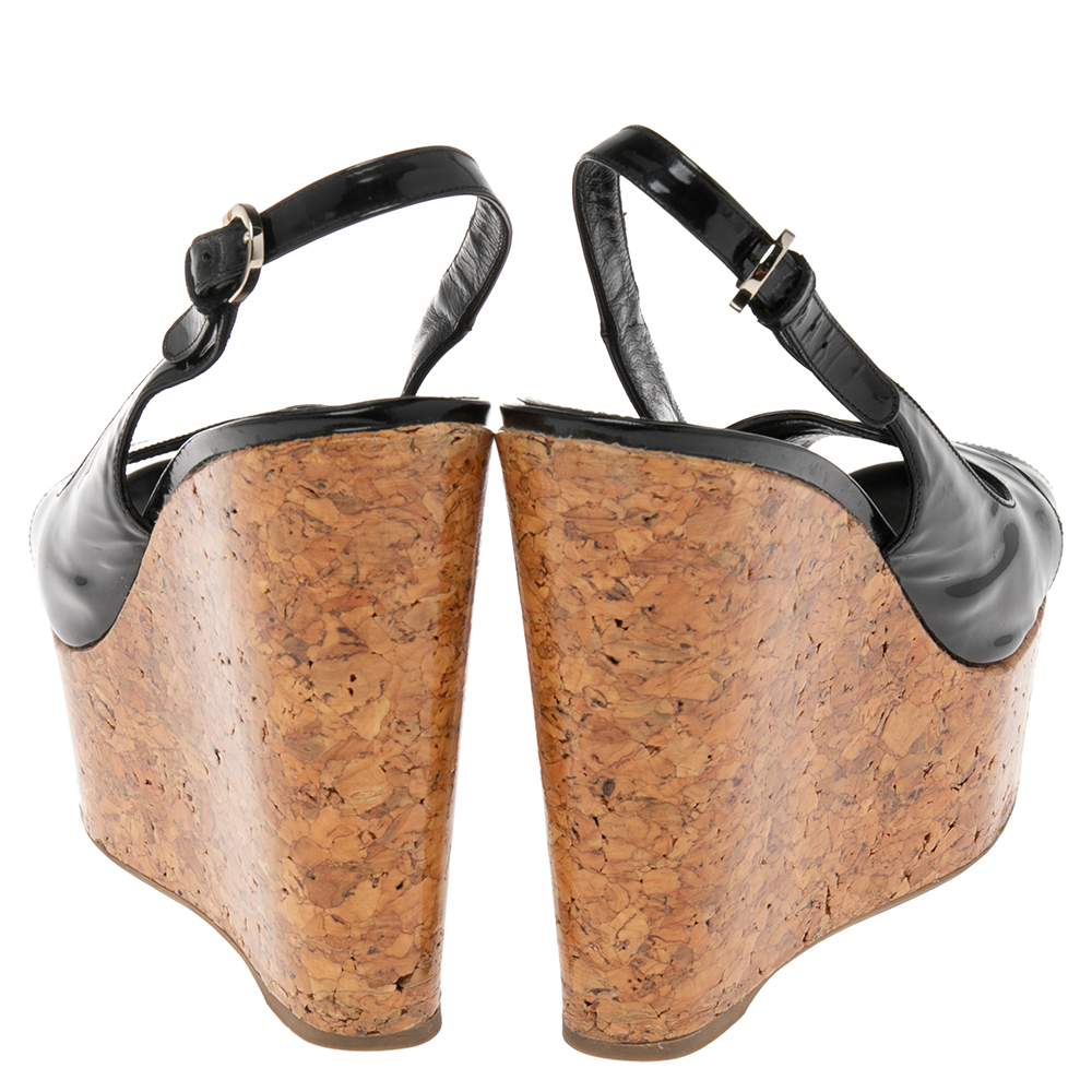 Sergio Rossi Black Patent Leather Platform Wedge Slingback Sandals Size 39.5