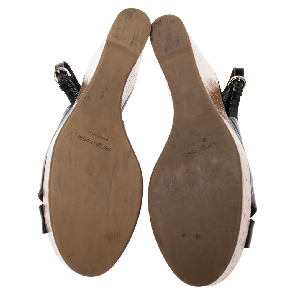 Sergio Rossi Black Patent Leather Platform Wedge Slingback Sandals Size 39.5
