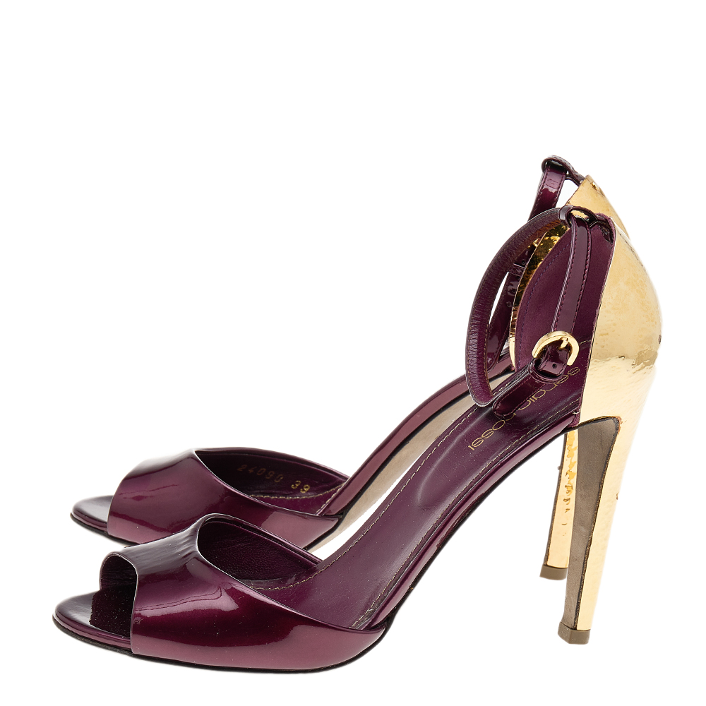Sergio Rossi Burgundy Patent Leather Metal Heel Ankle Strap Sandals Size 39
