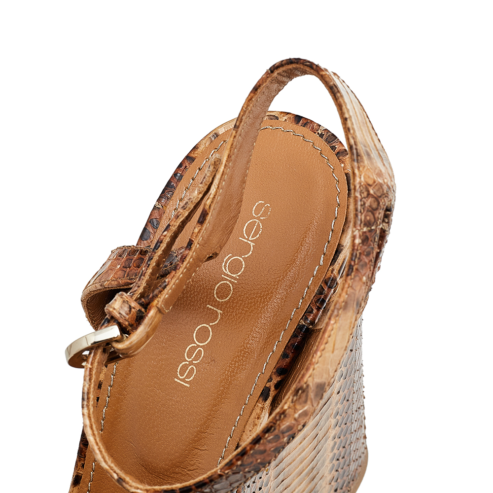 Sergio Rossi Brown Snakeskin Platform Wedge Sandals Size 39