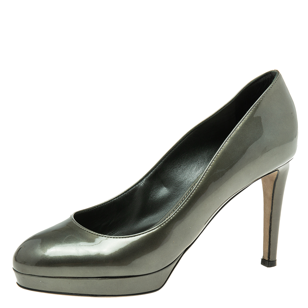 Sergio rossi hunter green patent leather round-toe platform pumps size 37.5