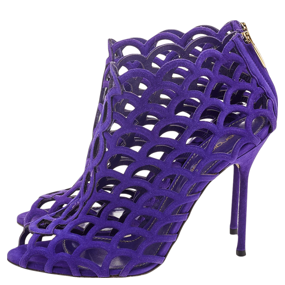 Sergio Rossi Purple Suede Scalloped Peep Toe Caged Booties Size 37
