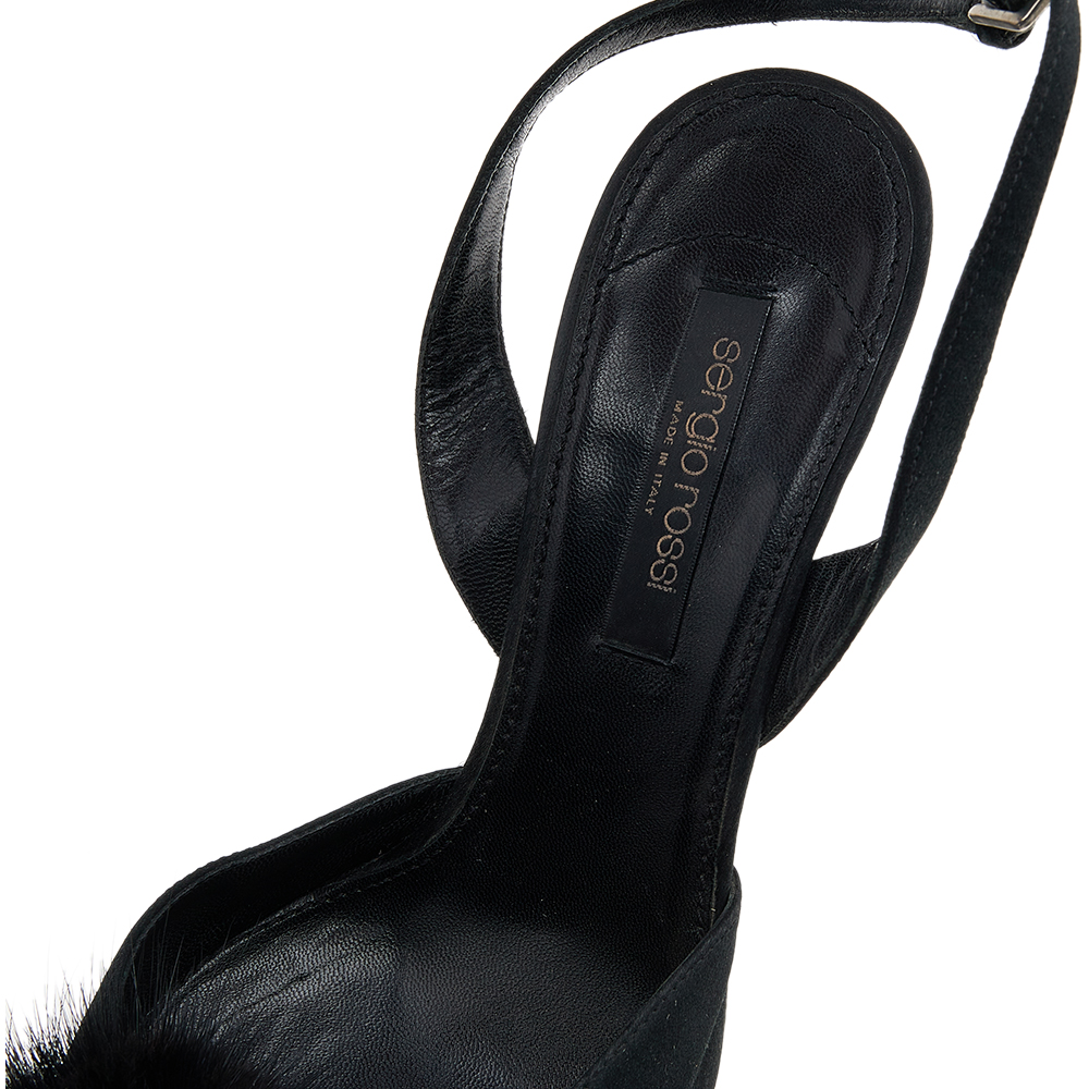 Sergio Rossi Black Fur And Satin Crystal Embellished Pointed Toe Ankle Strap Sandals Size 36