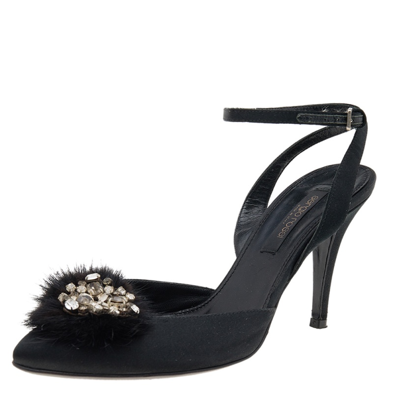 Sergio rossi black fur and satin crystal embellished pointed toe ankle strap sandals size 36